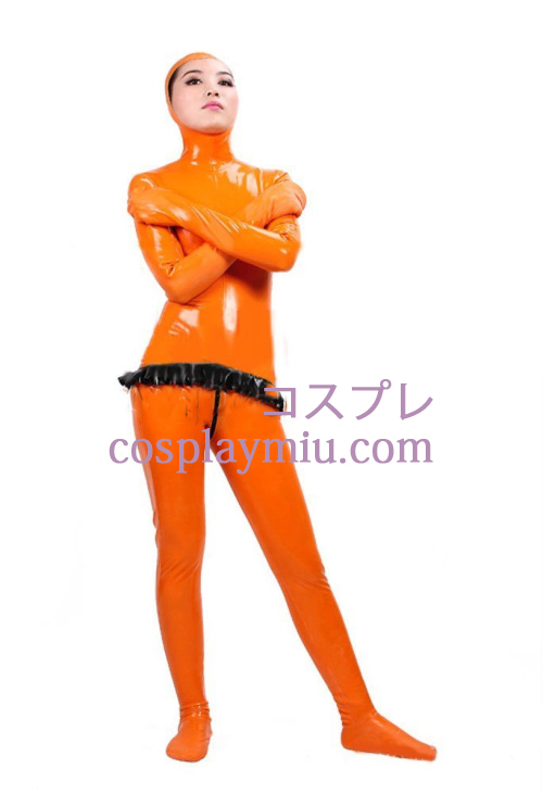 Orange Full Body Covered Latex Catsuit with Open Face