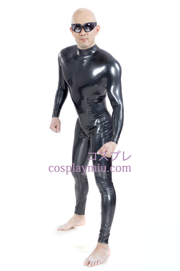 Black Shiny Metallic Zentai Suit with Zippered Crotch