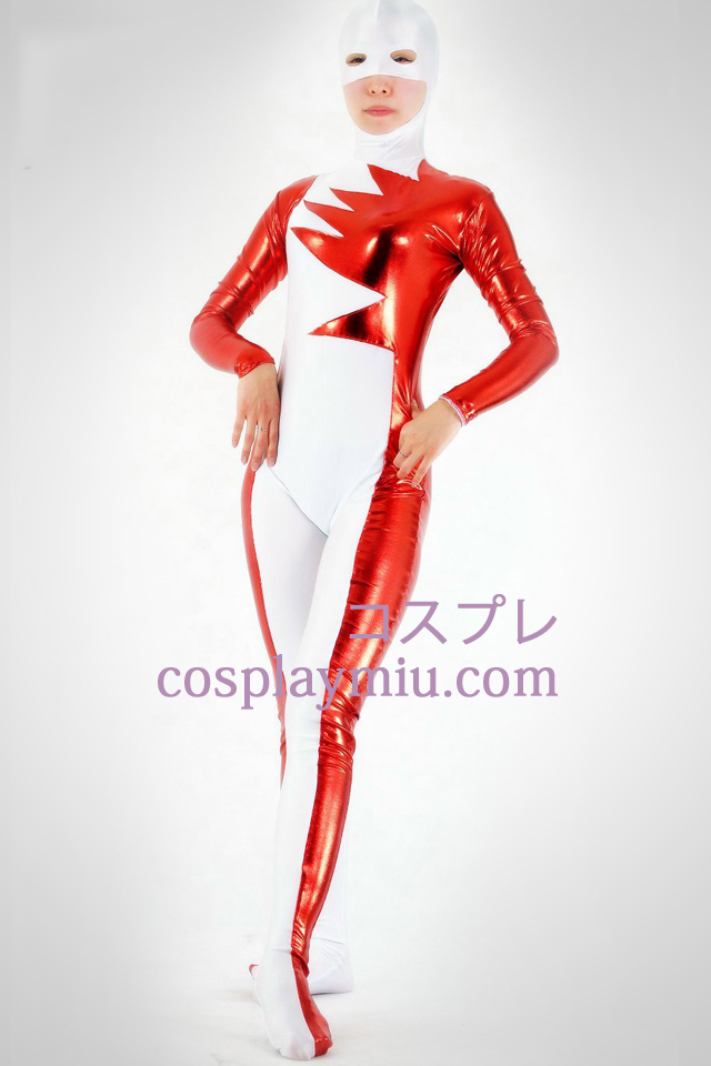 White Lycra Spandex And Red Shiny Metallic Open Mouth And Eyes Zentai
